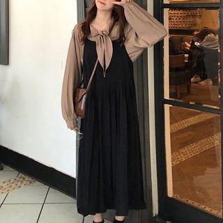 Tie-neck Blouse / Midi A-line Pinafore Dress / Set