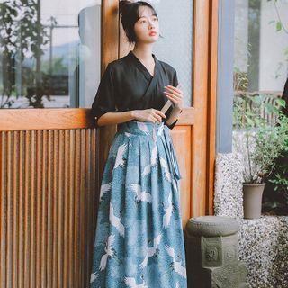Elbow-sleeve Top / Crane Print Maxi A-line Skirt / Set