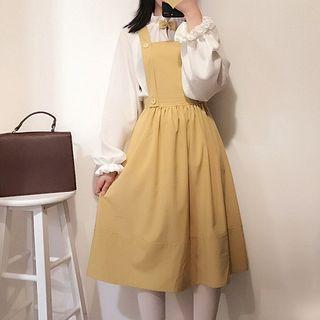 Plain Midi Pinafore Dress/ Bow Accent Shirt