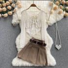 Set: Camisole Top + Cropped Jacket + Pleated Mini A-line Skirt Almond - One Size