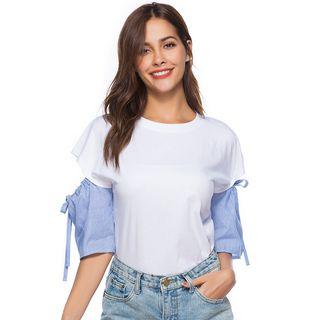 Stripe Panel Elbow-sleeve T-shirt