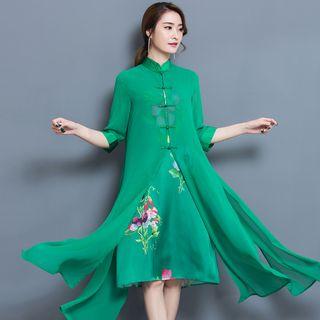 Mock Two-piece Printed Elbow-sleeve Dress