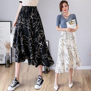 Printed Irregular Hem Midi A-line Skirt
