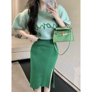 Lettering Knit Top / Midi Pencil Skirt
