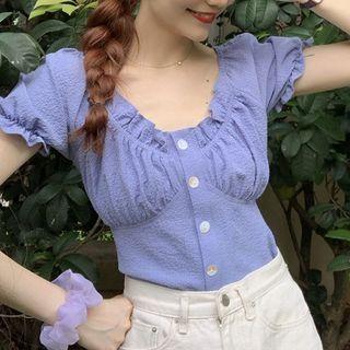 Puff-sleeve Ruffled V-neck Blouse