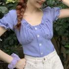 Puff-sleeve Ruffled V-neck Blouse
