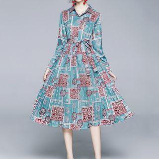 Printed Tie-waist Long-sleeve Midi Collared Dress