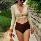 Set: Long-sleeve Wrapped Swim Top + Bikini Bottom