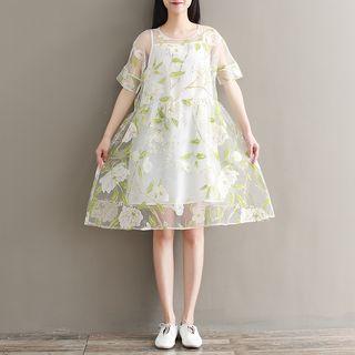 Set: Print Short-sleeve Mesh Dress + Slipdress
