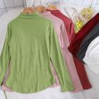 Plain Mock Neck Long-sleeve Slim-fit T-shirt