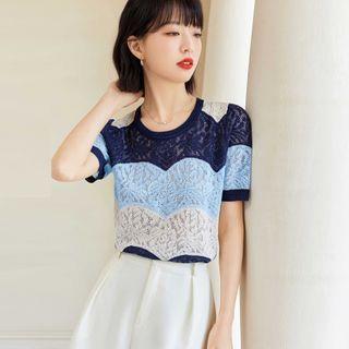 Short-sleeve Color Block Lace T-shirt