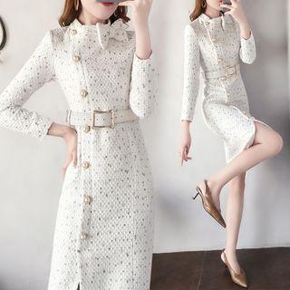 Bow Accent Dotted Long-sleeve Sheath Dress