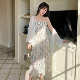 Spaghetti Strap Print Midi Dress / Mesh Cover-up