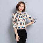 Stand-collar Long-sleeved Floral Print Loose-fit Chiffon Blouse