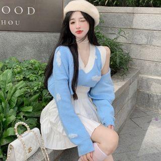 Sleeveless Knit Top / Cardigan / Pleated Mini A-line Skirt