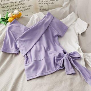 Wide-neck Tie-waist Crop T-shirt