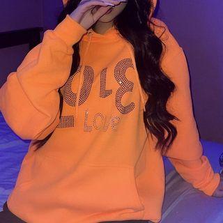 Long Sleeve Lettering Rhinestone Loose-fit Hoodie