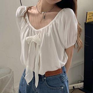 Short-sleeve Off-shoulder Bow Blouse