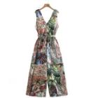 Sleeveless All-over Print Tie-waist Wide Leg Jumpsuit