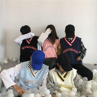 V-neck Contrast Trim Lettering Sweater Vest