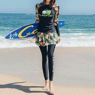 Set: Long-sleeve Lettering Swim Top + Swim Skirt + Leggings