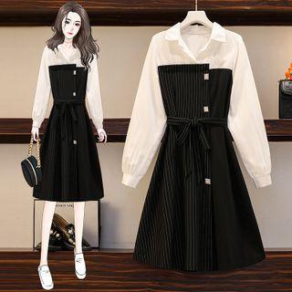 Mock Two-piece Pinstriped Panel Shirtdress