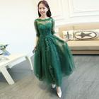 Elbow-sleeve Lace Appliqu  Tulle Prom Dress