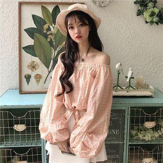 Check Off-shoulder Long-sleeve Top