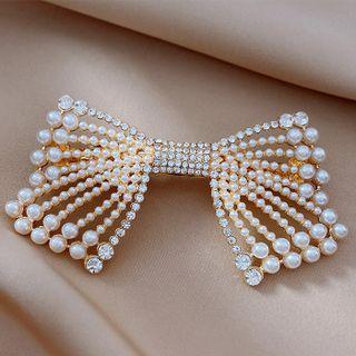Bow Rhinestone Faux Pearl Hair Clip Gold & White - One Size