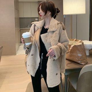 Double-breasted Furry Biker Jacket Beige - One Size