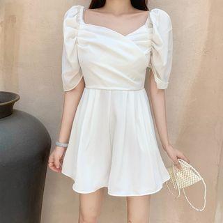 Plain Square-neck Elbow-sleeve Mini A-line Dress