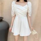 Plain Square-neck Elbow-sleeve Mini A-line Dress