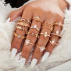Set Of 14 : Rhinestone / Alloy Ring (assorted Designs) Set Of 14 - Gold - One Size