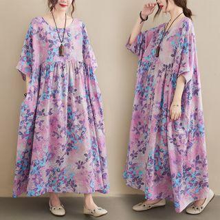 Elbow-sleeve Floral Midi A-line Dress Purple - One Size