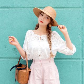 Scallop-neckline Eyelet-lace Blouse