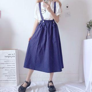 Cat Short-sleeve Shirt / Suspender Midi Skirt