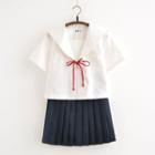Set: Short-sleeve Blouse + Pleated Mini Skirt
