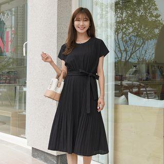 Tie-waist Crystal-pleat Dress