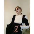 Long-sleeve Cutout Two Tone Top Black & White - One Size