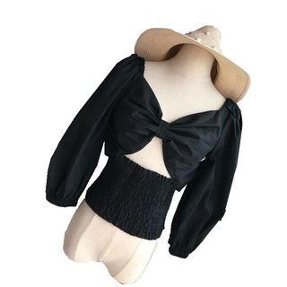 Long-sleeve Bow-front Cropped Blouse