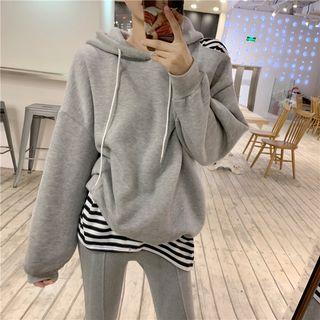 Drawstring Striped Panel Hoodie / Slit-hem Leggings