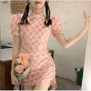 Short-sleeve Plaid Drawstring Mini Qipao Dress