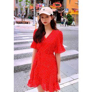 Frilled Dotted Surplice-wrap Dress Red - One Size