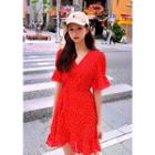 Frilled Dotted Surplice-wrap Dress Red - One Size