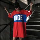 Lettering Color Block Elbow-sleeve Long T-shirt