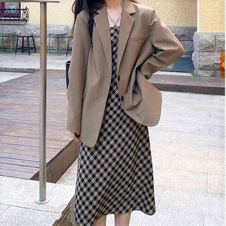 Single-breasted Blazer / Spaghetti Strap Plaid Mini Sheath Dress
