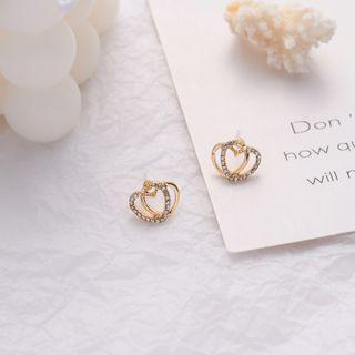 S925 Sterling Silver Rhinestone Heart Ear Stud 1 Pair - 925 Silver - Earrings - One Size