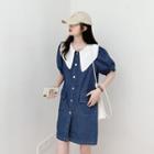 Two Tone Washed Button-up A-line Dress Blue - One Size