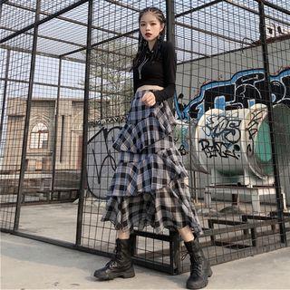 Ruffle Trim Plaid Midi Skirt