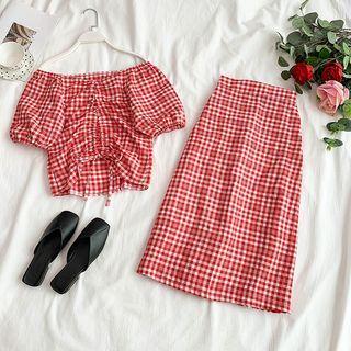 Set: Plaid Drawstring Crop Top + Straight Fit Midi Skirt